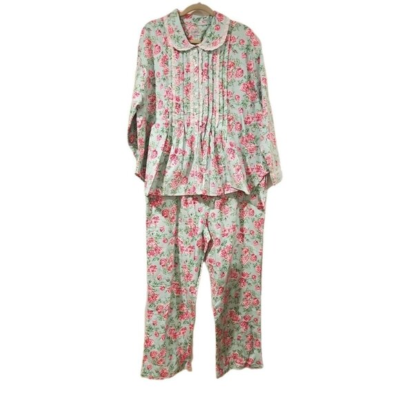 Lanz of Salzburg Flannel Pajamas 2 Piece Mint Green Pink Roses NWT 1X Floral - Picture 2 of 16